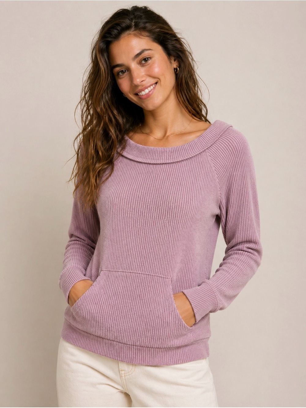 Fantastic Fawn Ribbed Boatneck Pocket Long Sleeve Top Mauve Pink Medium